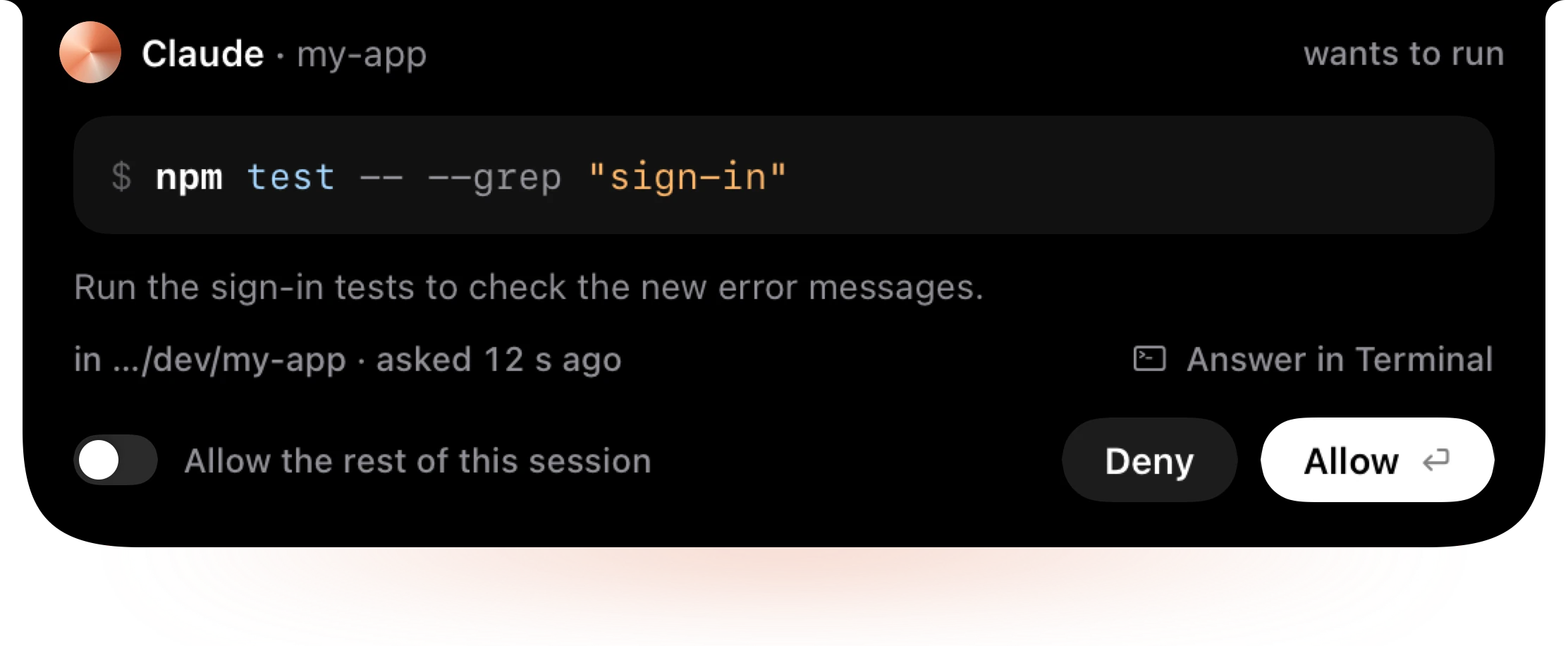 The ask opened under the notch: Claude wants to run npm test, with the whole command, where it runs, Deny and Allow.