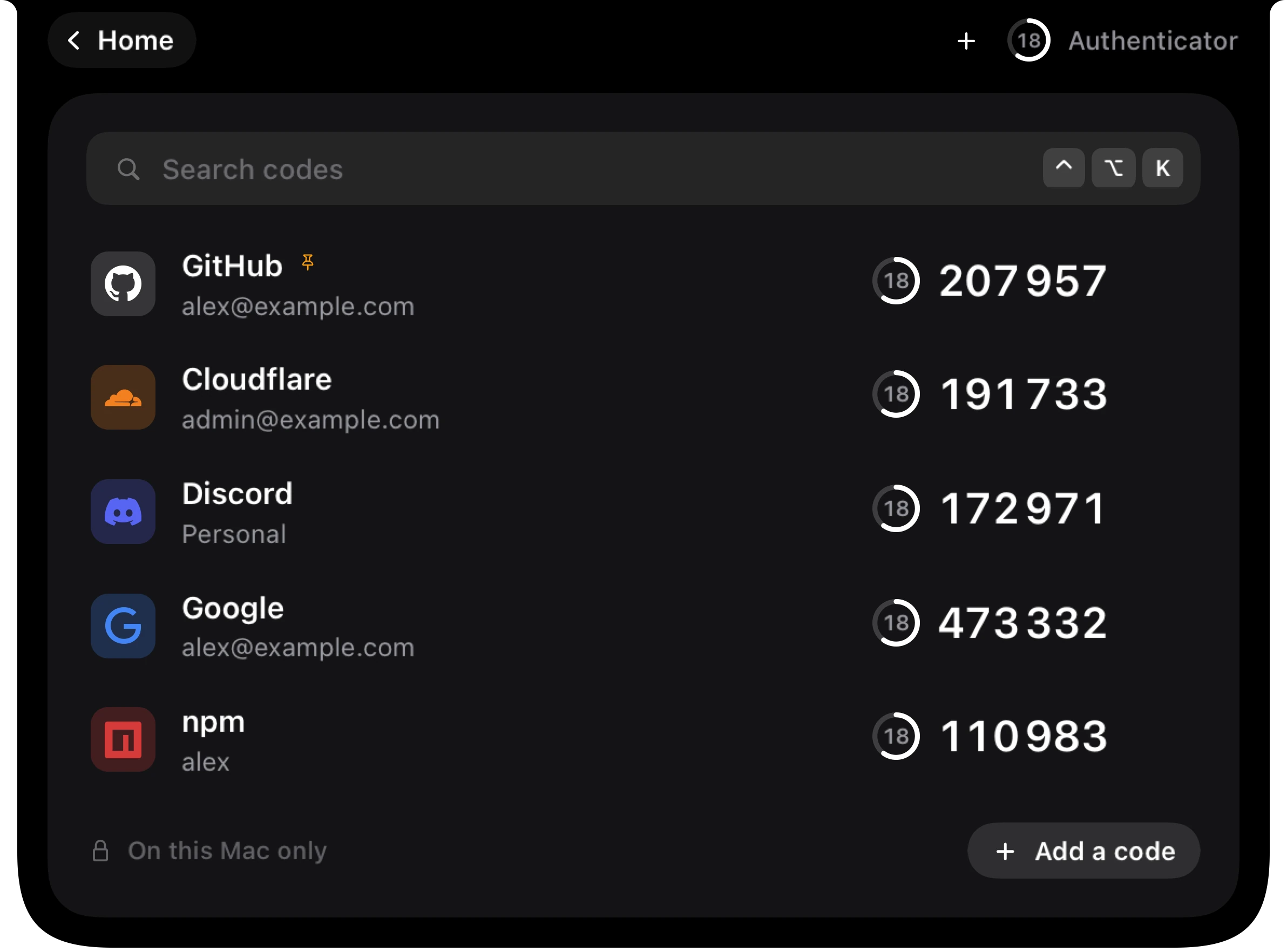 Crest's Authenticator under the notch: two-factor codes for GitHub, Cloudflare, Discord, Google and npm, each with the seconds it has left.