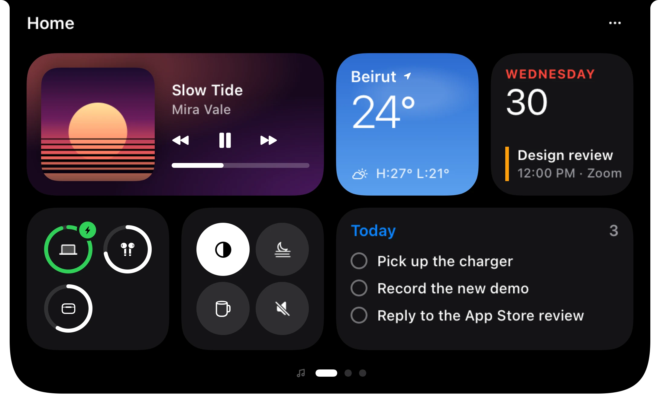 Crest open on its Home page: now playing, the weather, the calendar, batteries, controls and reminders, each a widget.