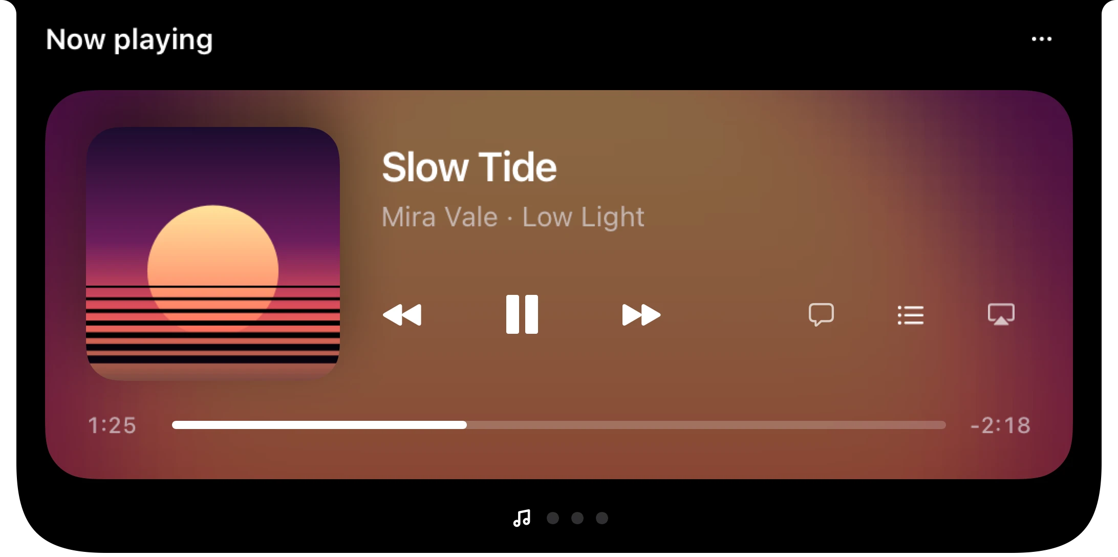 Crest's Now page: the song playing, with its album art, the controls and the time left.