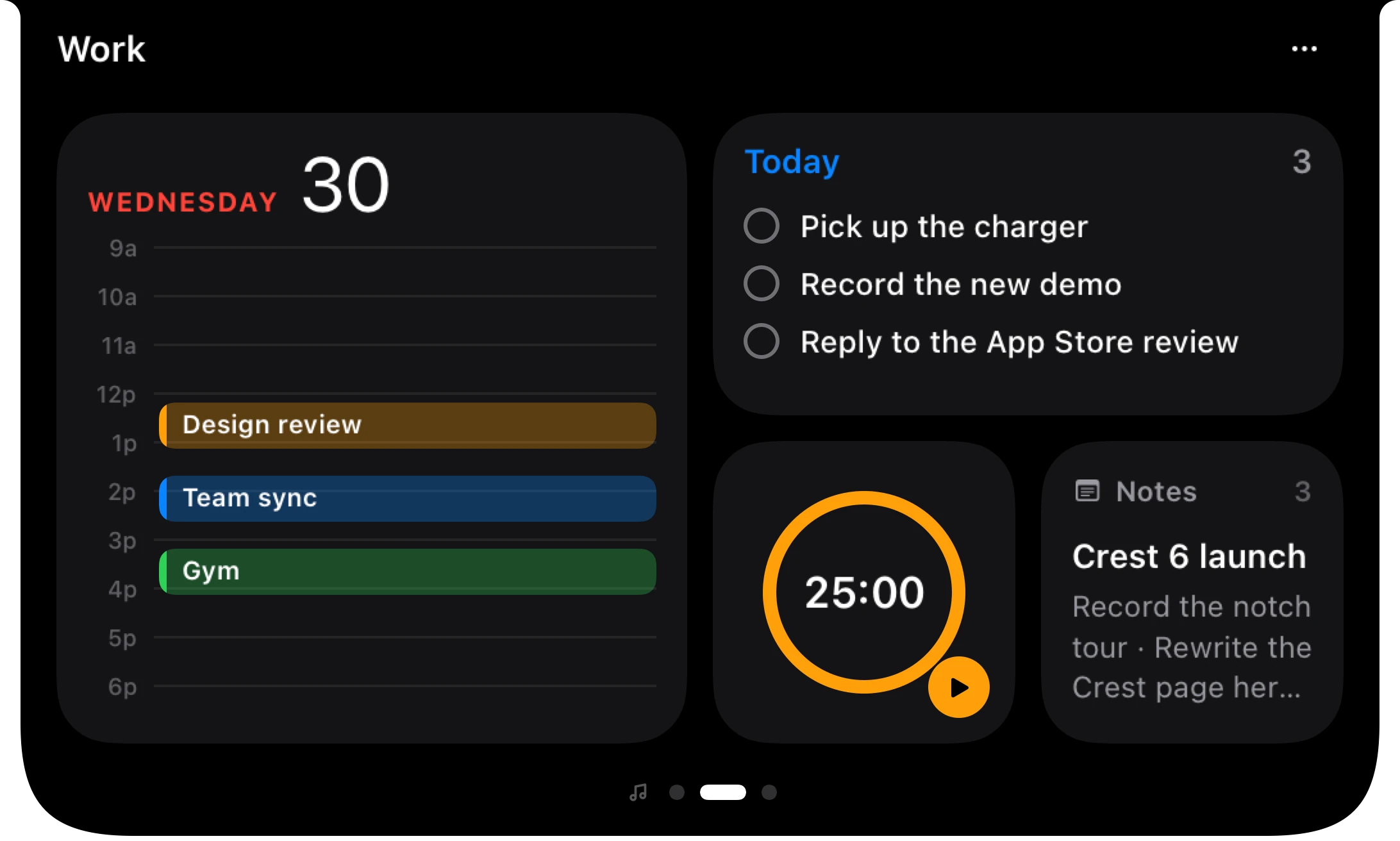 Crest's Work page: the calendar, reminders, a focus timer and notes.