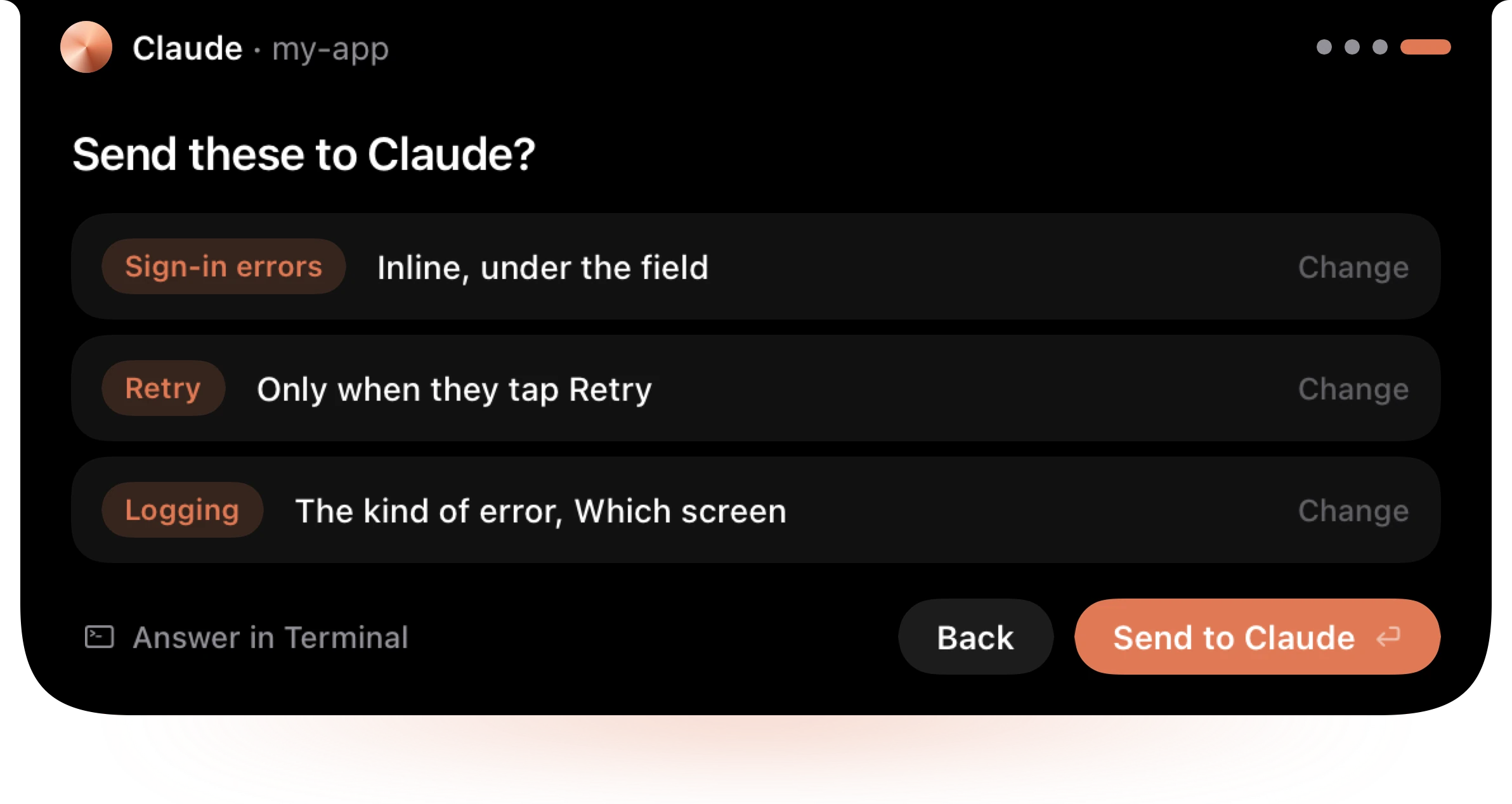 Claude's three questions answered, ready to check: each answer with Change, then Send to Claude.
