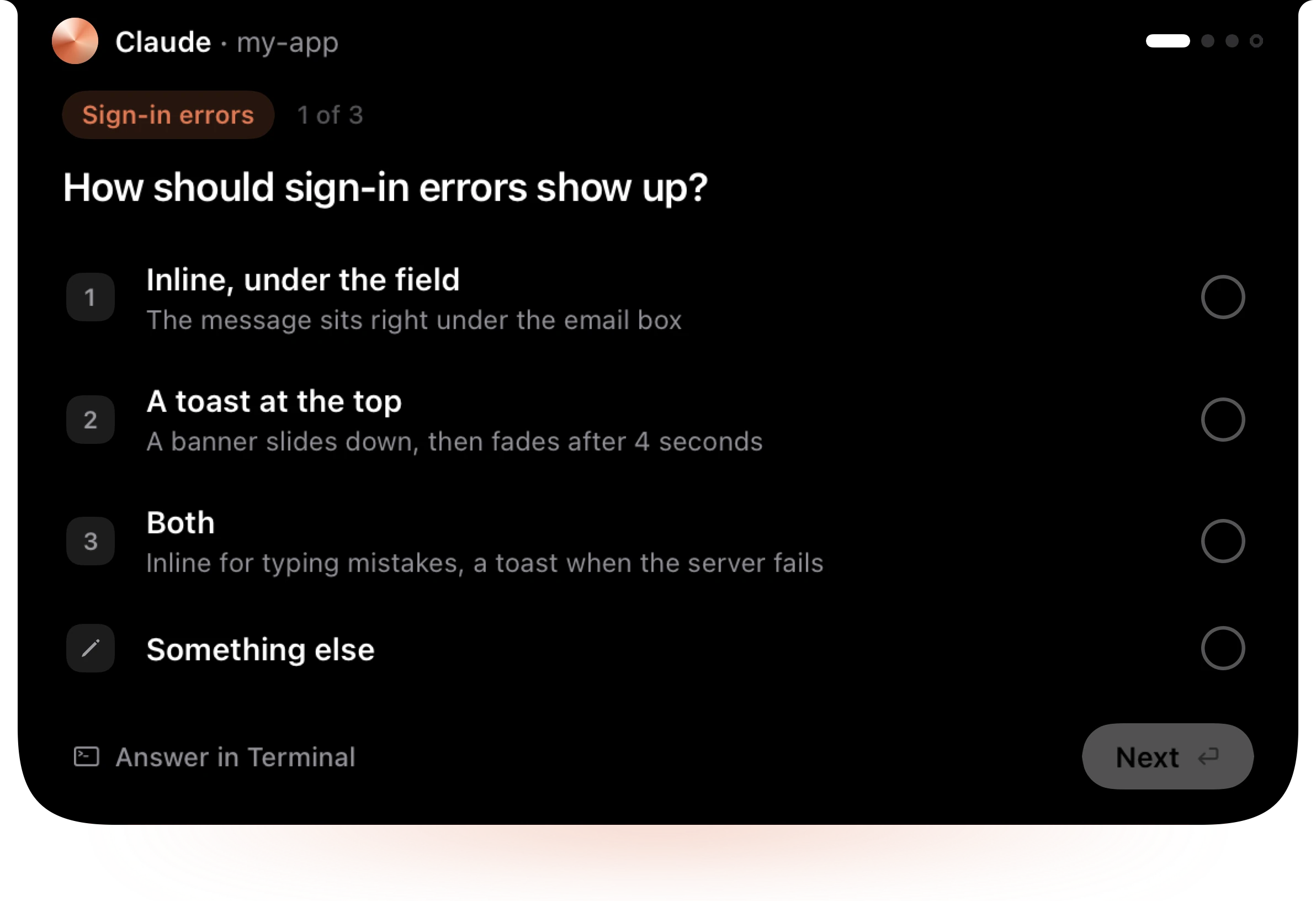 Claude asks a question in the notch: how should sign-in errors show up? Tap an answer or type your own.