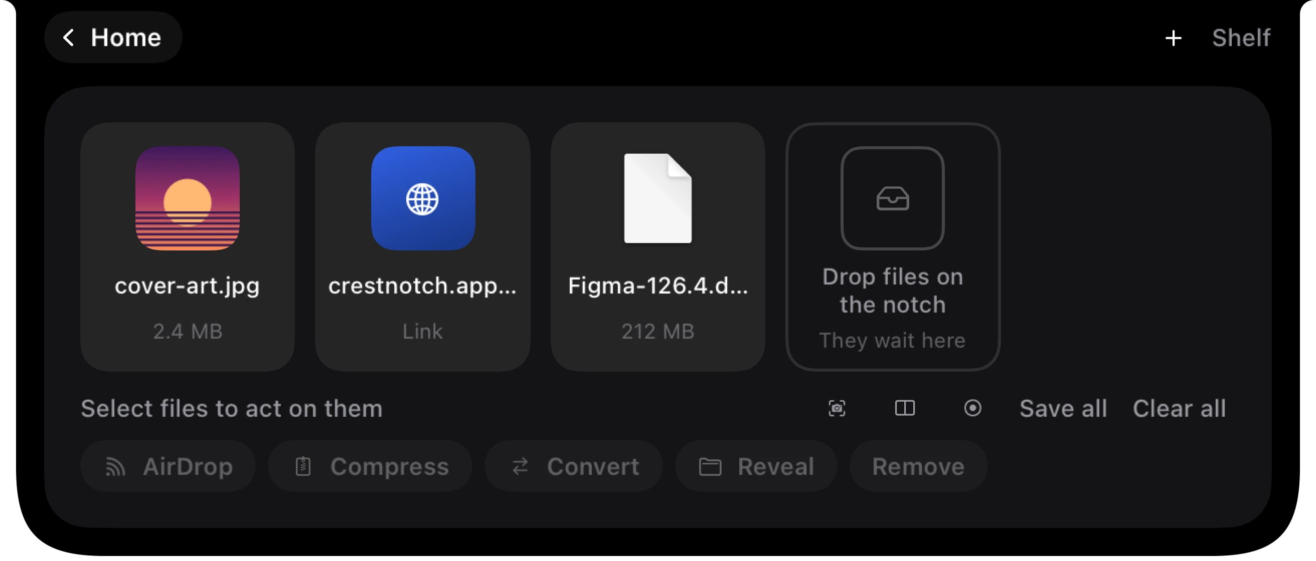 The Shelf under the notch: files dropped on it, ready to AirDrop, compress, convert or drag out.