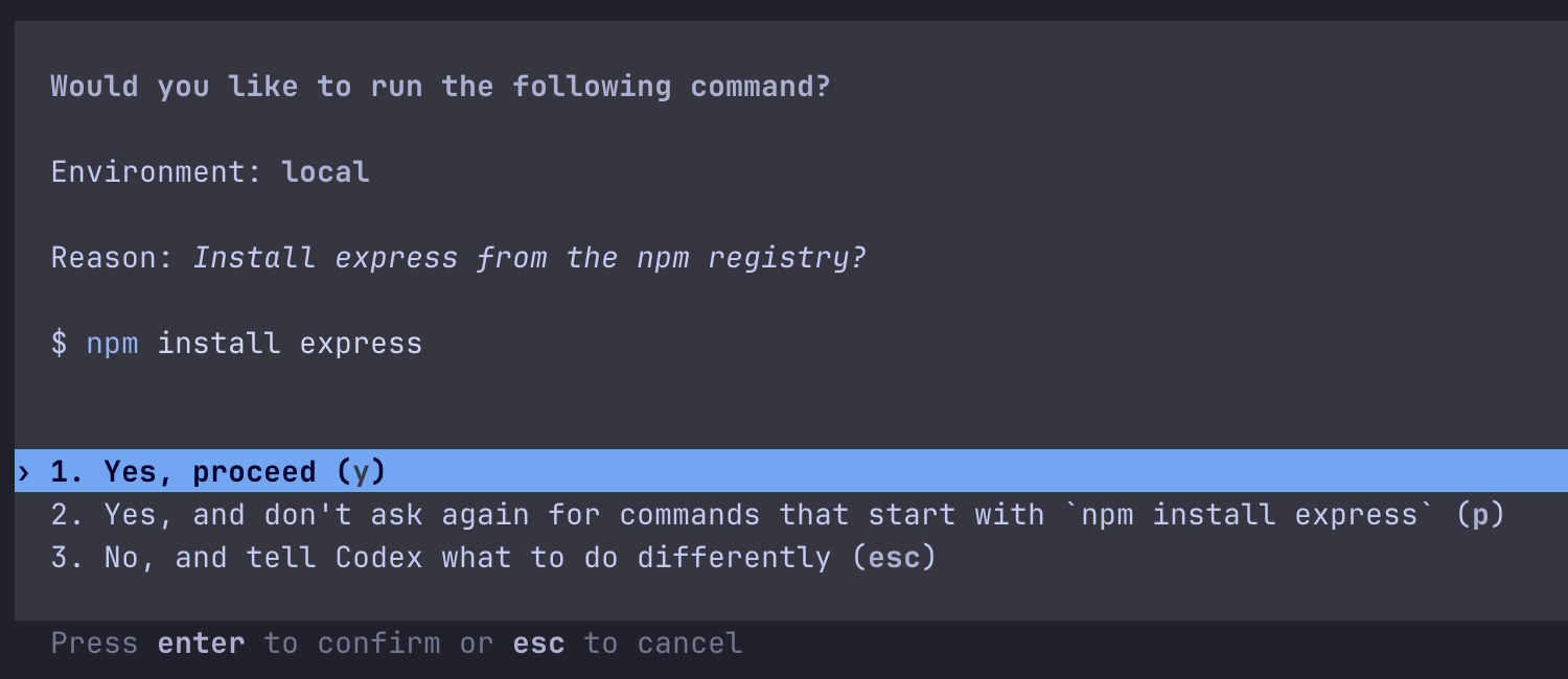 Codex CLI asking: Would you like to run the following command? The command npm install express, and three answers: Yes, proceed; Yes, and don't ask again for commands that start with npm install express; No, and tell Codex what to do differently