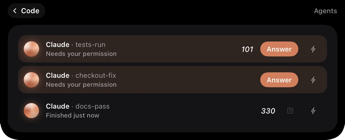 Crest's Agents screen: tests-run and checkout-fix with Needs your permission and an orange Answer button each, and docs-pass, Finished just now