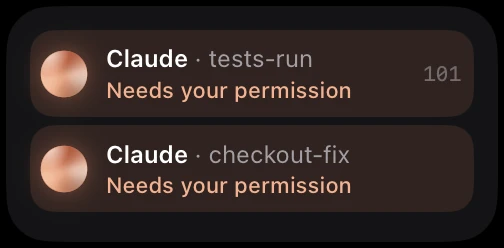 Crest's Agents widget with two rows: Claude, tests-run, Needs your permission, and Claude, checkout-fix, Needs your permission