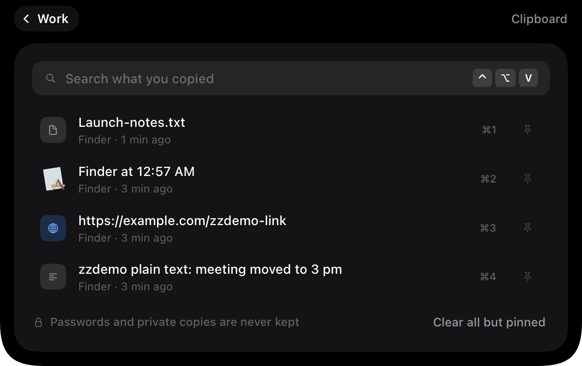 Crest's Clipboard screen under the notch: a search field with the Control Option V keys, the same four test copies with Command 1 to 4 beside them and a pin each, and the line Passwords and private copies are never kept