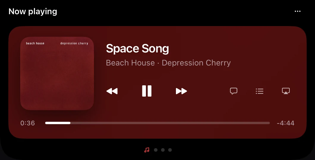 Crest's Now playing card under the notch: the Depression Cherry cover, Space Song by Beach House, back, pause and forward buttons, lyrics, queue and output buttons, and a scrubber at 0:36