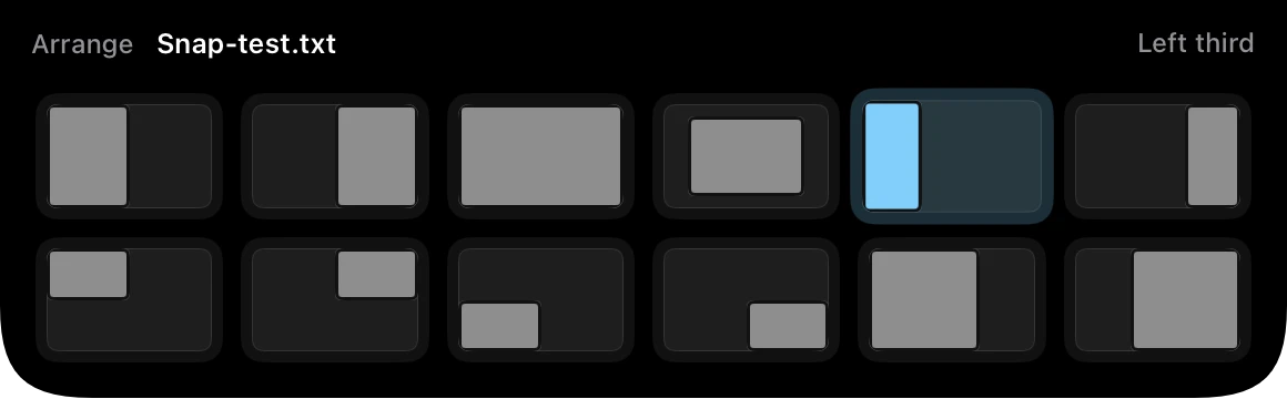 Crest's notch opened into twelve small layout pictures while a TextEdit window is held at it, with Arrange Snap-test.txt on the left and Left third on the right, the left third layout lit in blue