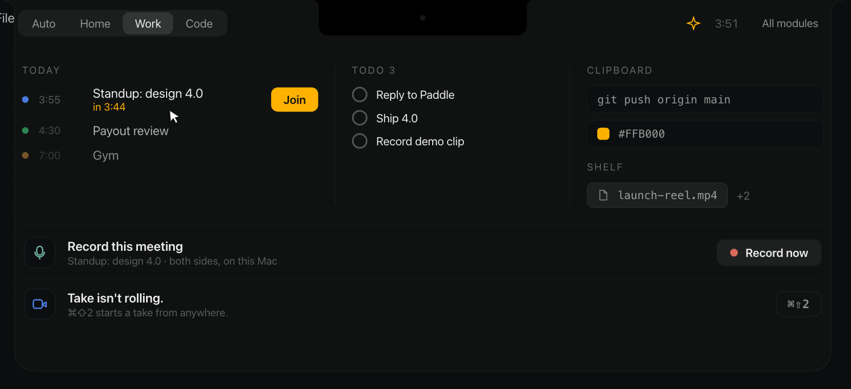 Crest's panel in Work mode under the notch: today's calendar with a Join button, todos, clipboard, shelf, and the suite transport rows for Minutes and Take