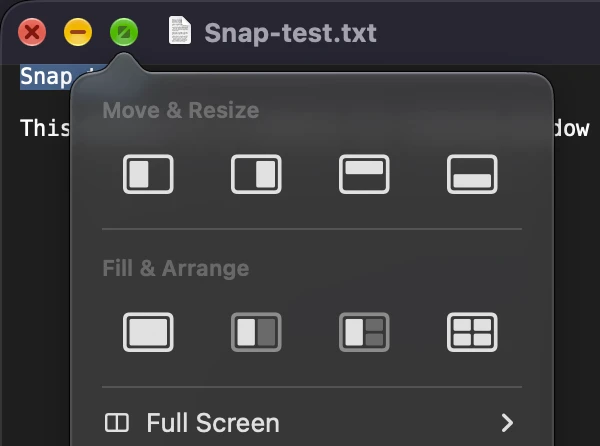The menu that opens when you rest the pointer on a window's green button: Move and Resize with left, right, top and bottom halves, Fill and Arrange with four layouts, and Full Screen