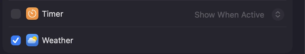 The bottom of Menu Bar Controls in System Settings on macOS 27: Timer, unticked, with Show When Active beside it, and Weather, ticked