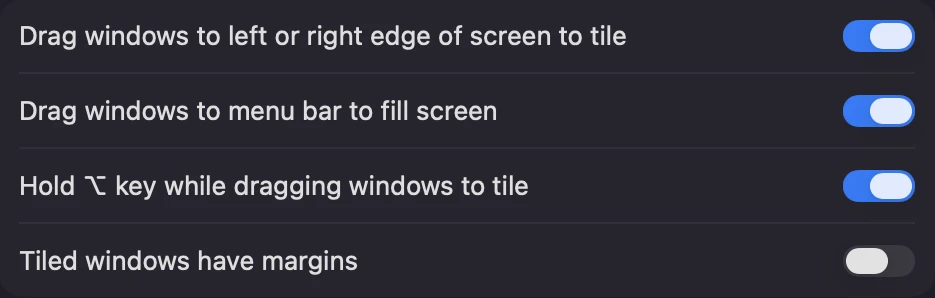 The four tiling switches in System Settings, Desktop and Dock on macOS 27: Drag windows to left or right edge of screen to tile, Drag windows to menu bar to fill screen, Hold Option key while dragging windows to tile, all on, and Tiled windows have margins, off