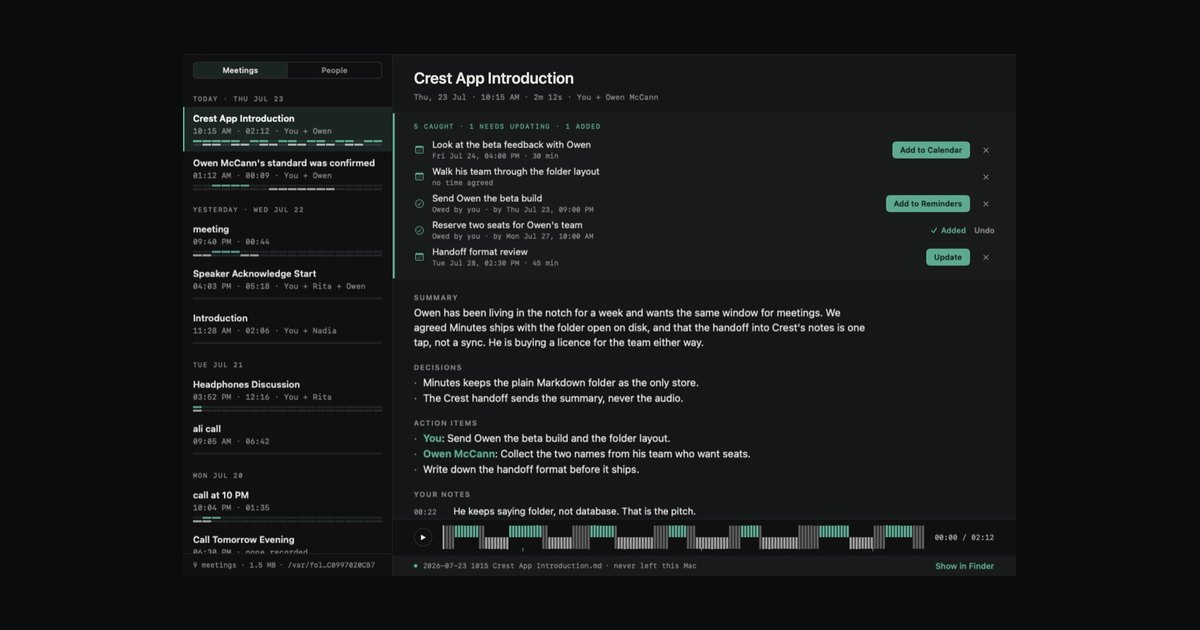 A finished Minutes note with its caught action items and the summary written below it