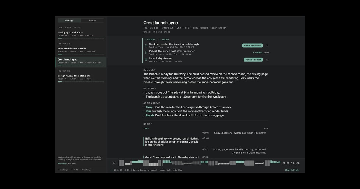 Minutes: a meeting's summary, decisions and action items, written on device.