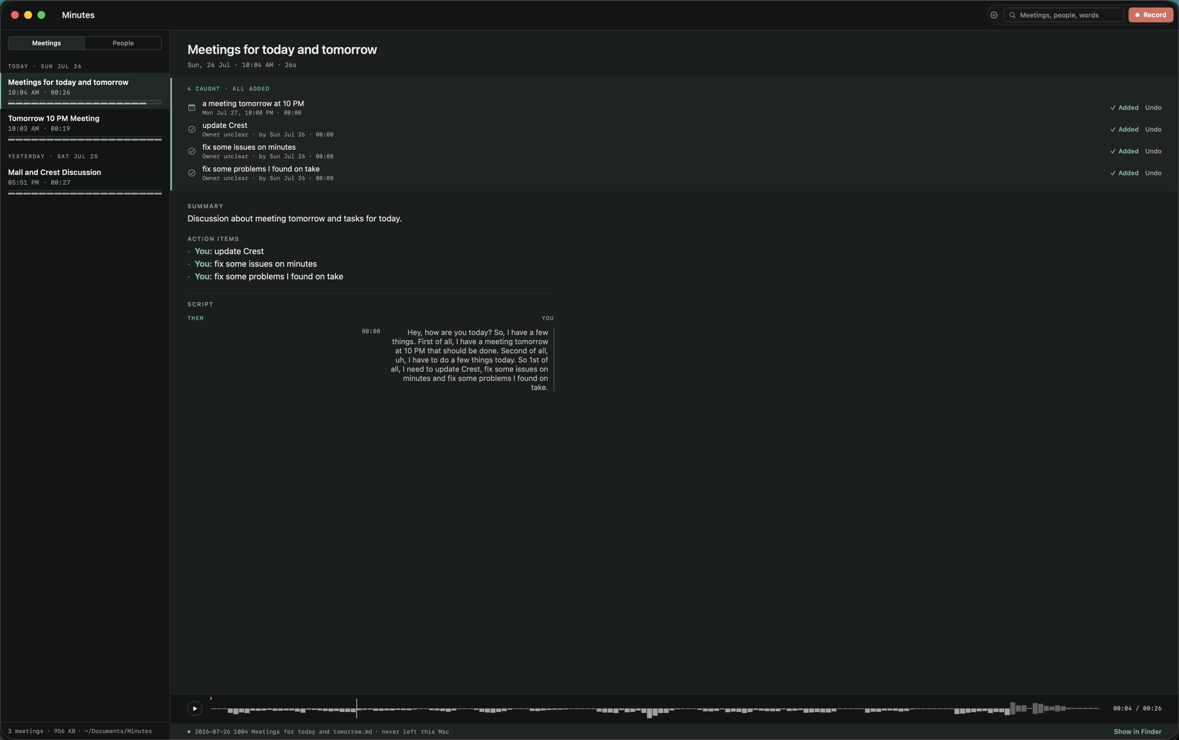 A Minutes meeting note: caught action items, a summary, decisions, and a two-lane You and Them transcript, all stored on the Mac