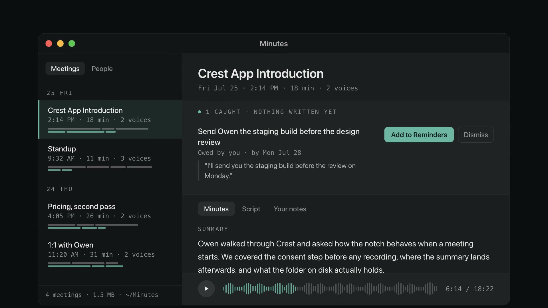 Minutes showing a finished meeting: the caught action item with its Add to Reminders button and the exact quoted sentence it came from, above the written summary
