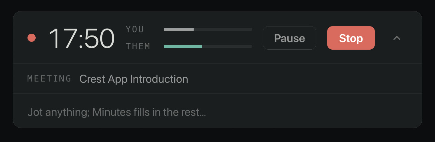 Minutes recording a live meeting: a visible recording indicator, the elapsed time, and a separate level meter for each side of the call