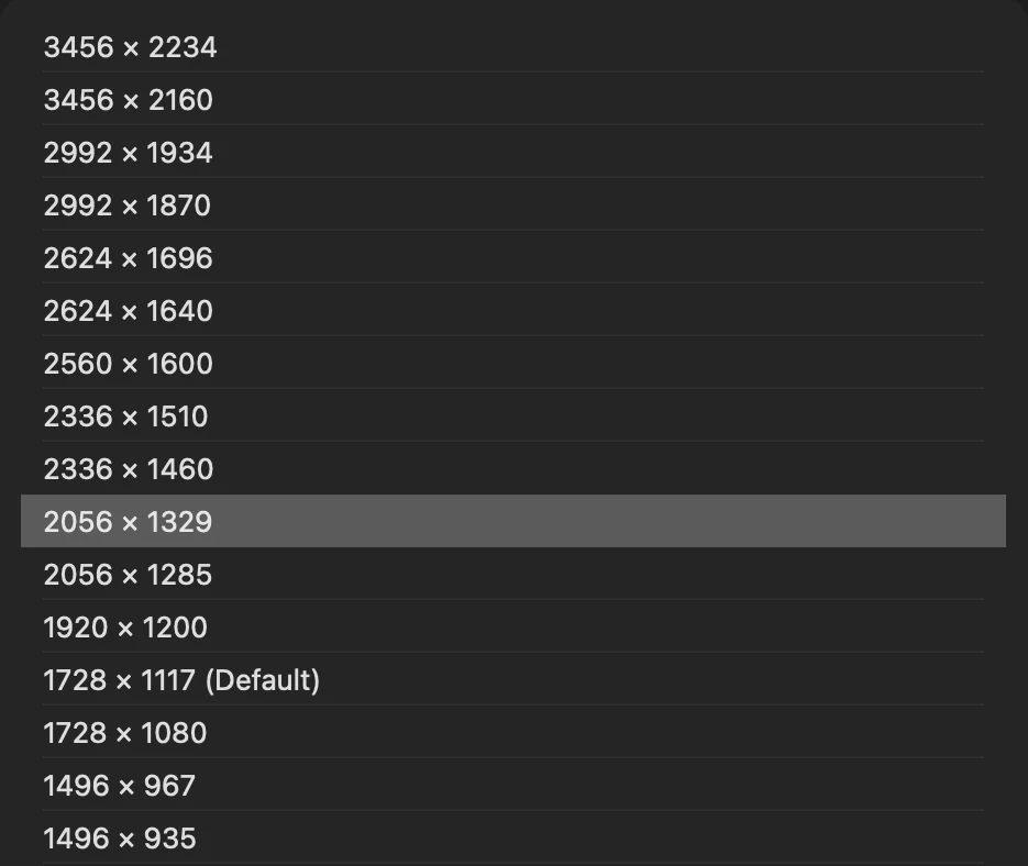 The resolution list in System Settings, Displays, with Show all resolutions on: 2056 by 1329 selected, then 2056 by 1285, 1920 by 1200, 1728 by 1117 (Default) and 1728 by 1080