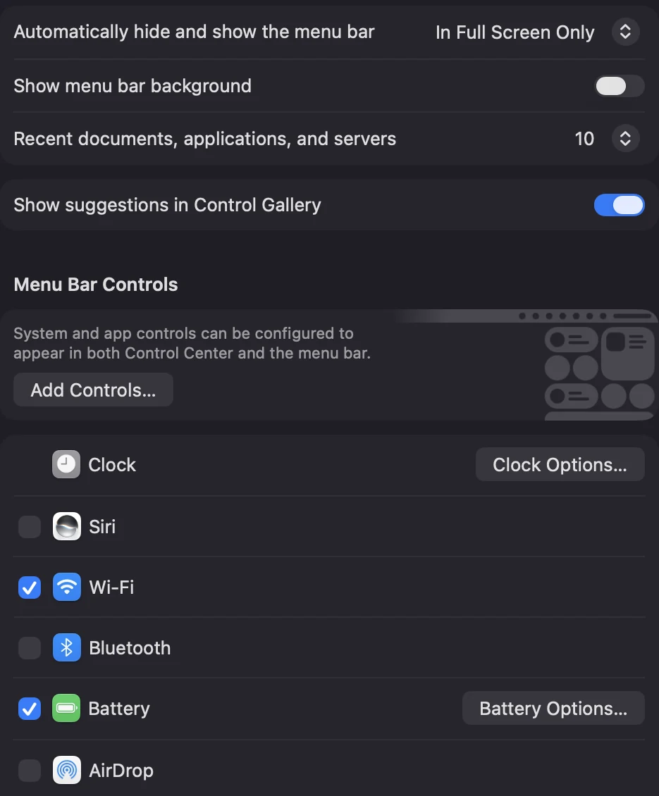 System Settings, Menu Bar, on macOS 27: Automatically hide and show the menu bar, Show menu bar background, and Menu Bar Controls with a checkbox for Siri, Wi-Fi, Bluetooth, Battery and AirDrop