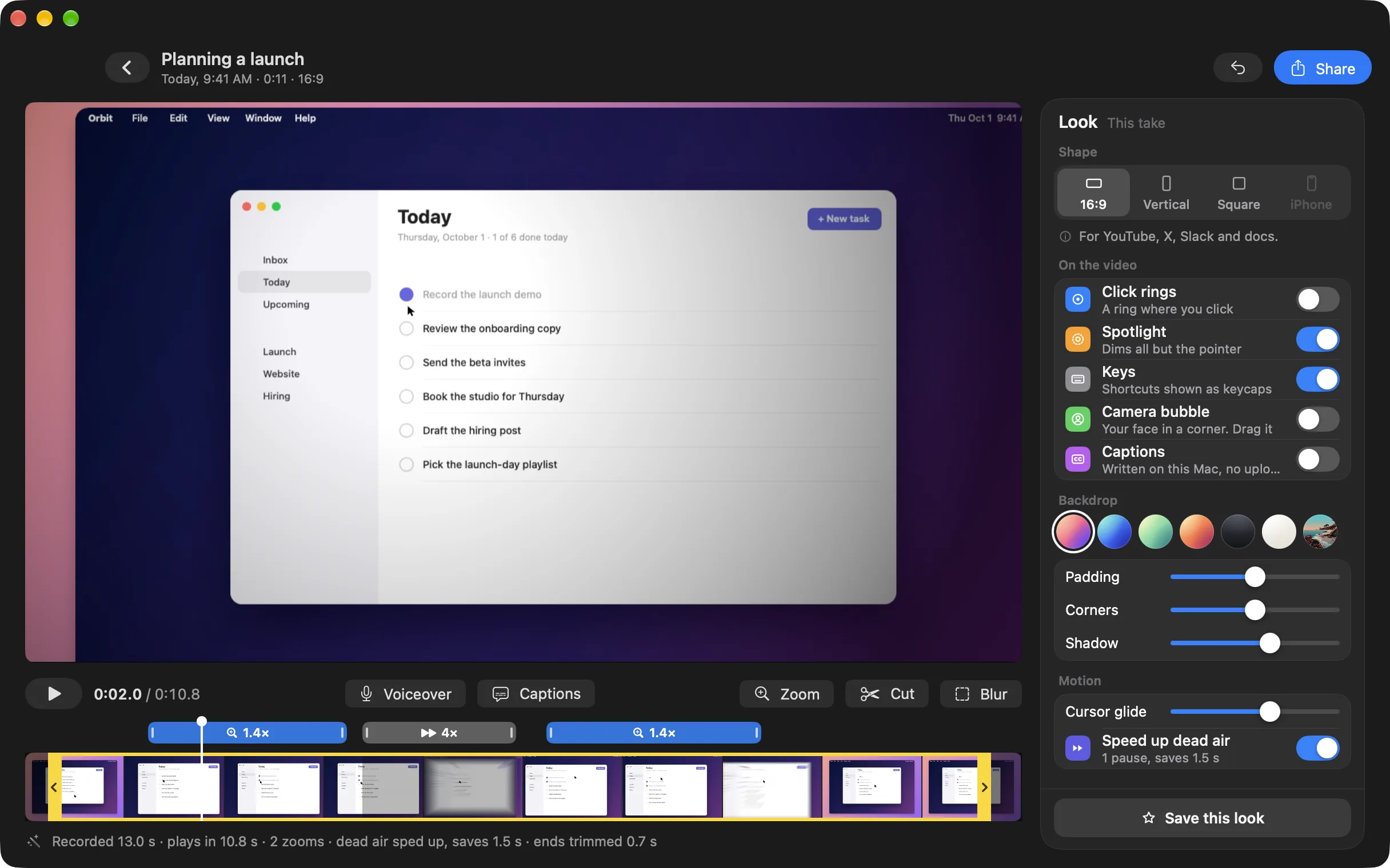 Take's editor on a take called Planning a launch: the staged recording of a to-do app, the Look panel with its shape, switches and backdrops, and the strip with two zooms and a sped-up pause.