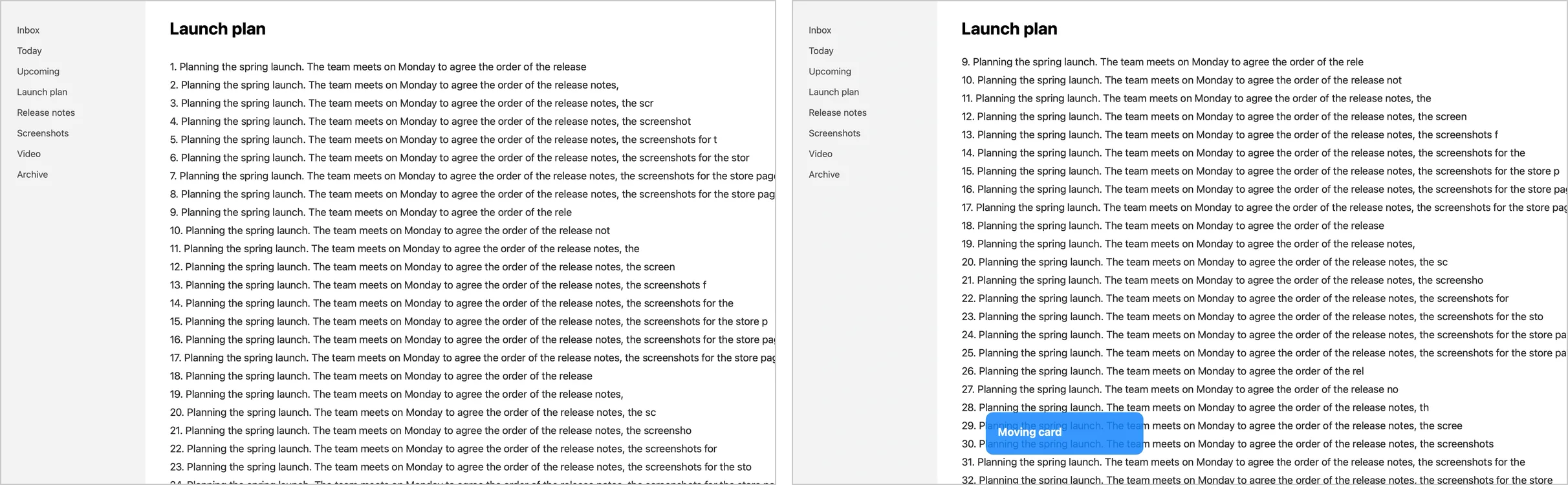 Two frames of the test window side by side: a page of numbered sample lines titled Launch plan with a sidebar, still on the left, and the same page scrolled with a blue card labelled Moving card on the right