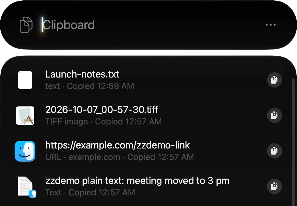 Spotlight's Clipboard view on macOS 27 listing four test copies: a file called Launch-notes.txt, a TIFF image, a link to example.com and a line of text, each with the time it was copied and a copy button
