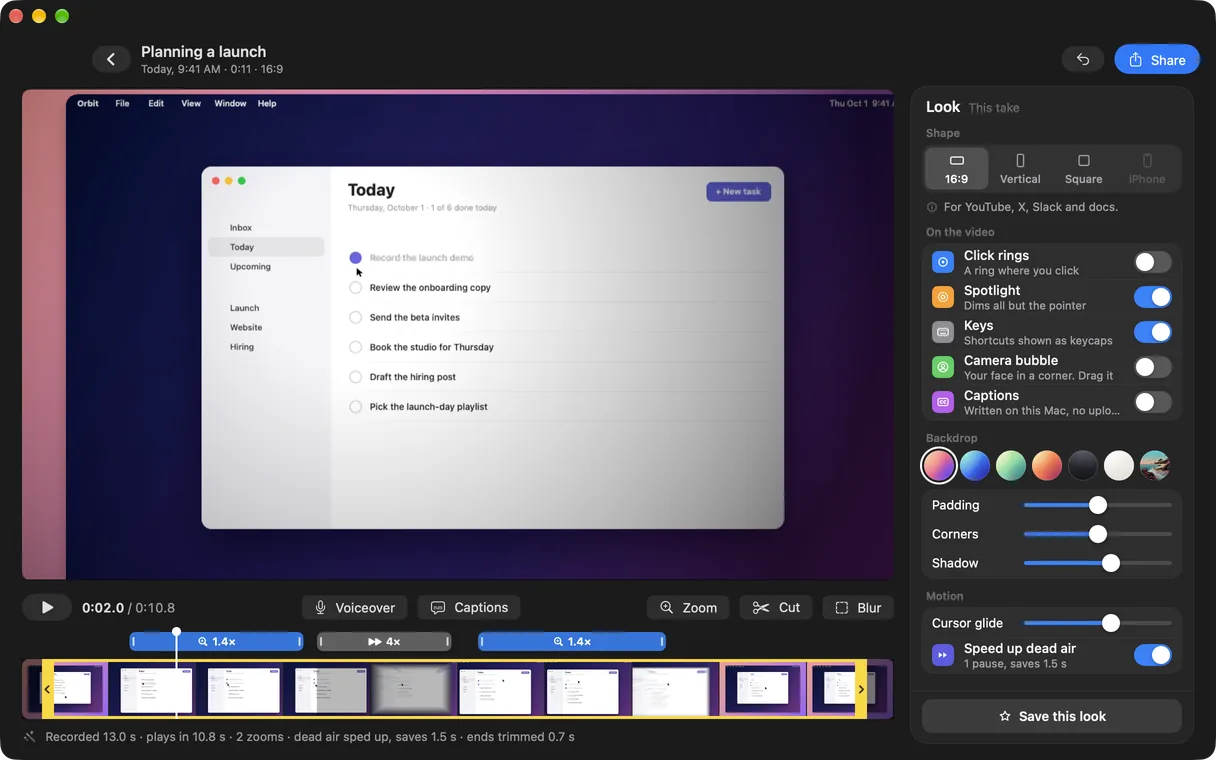 Take's editor on a take called Planning a launch: the staged recording of a to-do app with the spotlight on, the Look panel on the right with its shape, switches, backdrops and sliders, and the strip below with two 1.4x zooms and a pause sped up 4x.