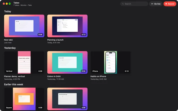Take's library, Takes in Movies, Take: seven takes grouped under Today, Yesterday and Earlier this week, each with its look, length and time, including a vertical, a square and an iPhone take, with Search, Go live and Record at the top.
