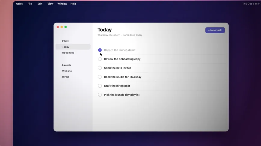 A frame as Take 4 draws it, mid-zoom: a to-do app's window on the recorded desktop, the cursor redrawn over the first task, and the spotlight dimming the edges of the picture.