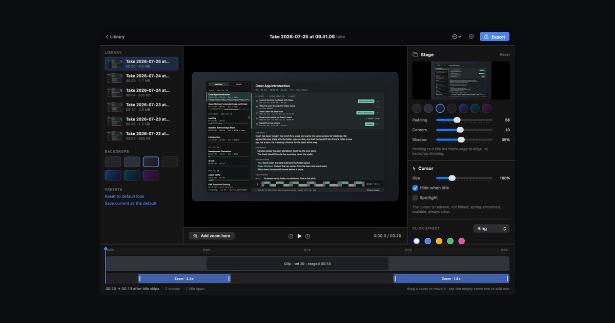 Take's staged preview of a recording, with the backdrop, rounded frame and drawn cursor visible
