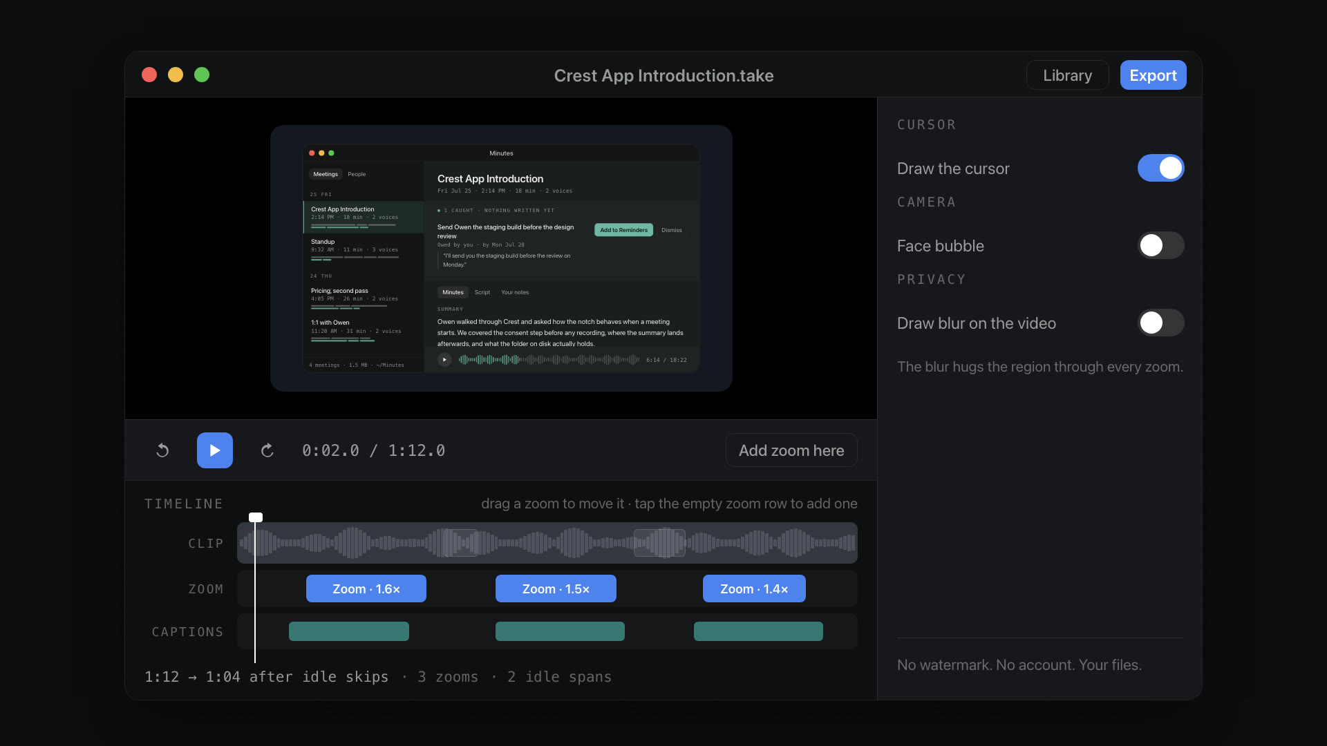Take's editor: a recording on the canvas inside its backdrop, the timeline below with three zooms and two idle skips, and the zoom, cursor, camera and privacy inspectors on the right