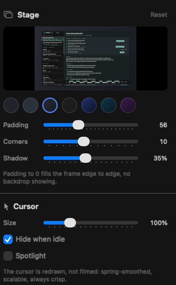 Take's stage inspector with backdrop swatches and padding, corners and shadow steppers