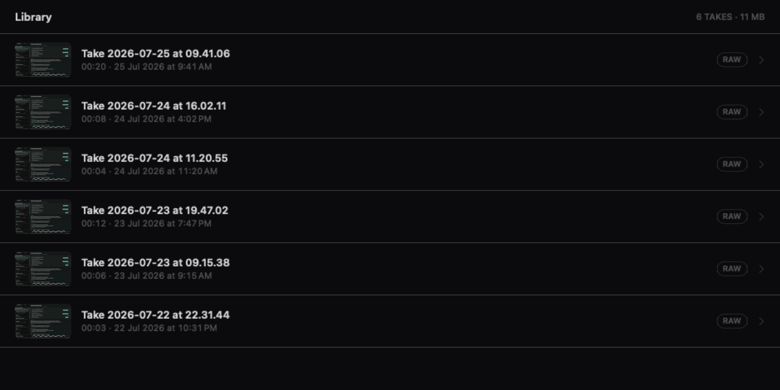 Take's library listing recorded takes with durations and file sizes