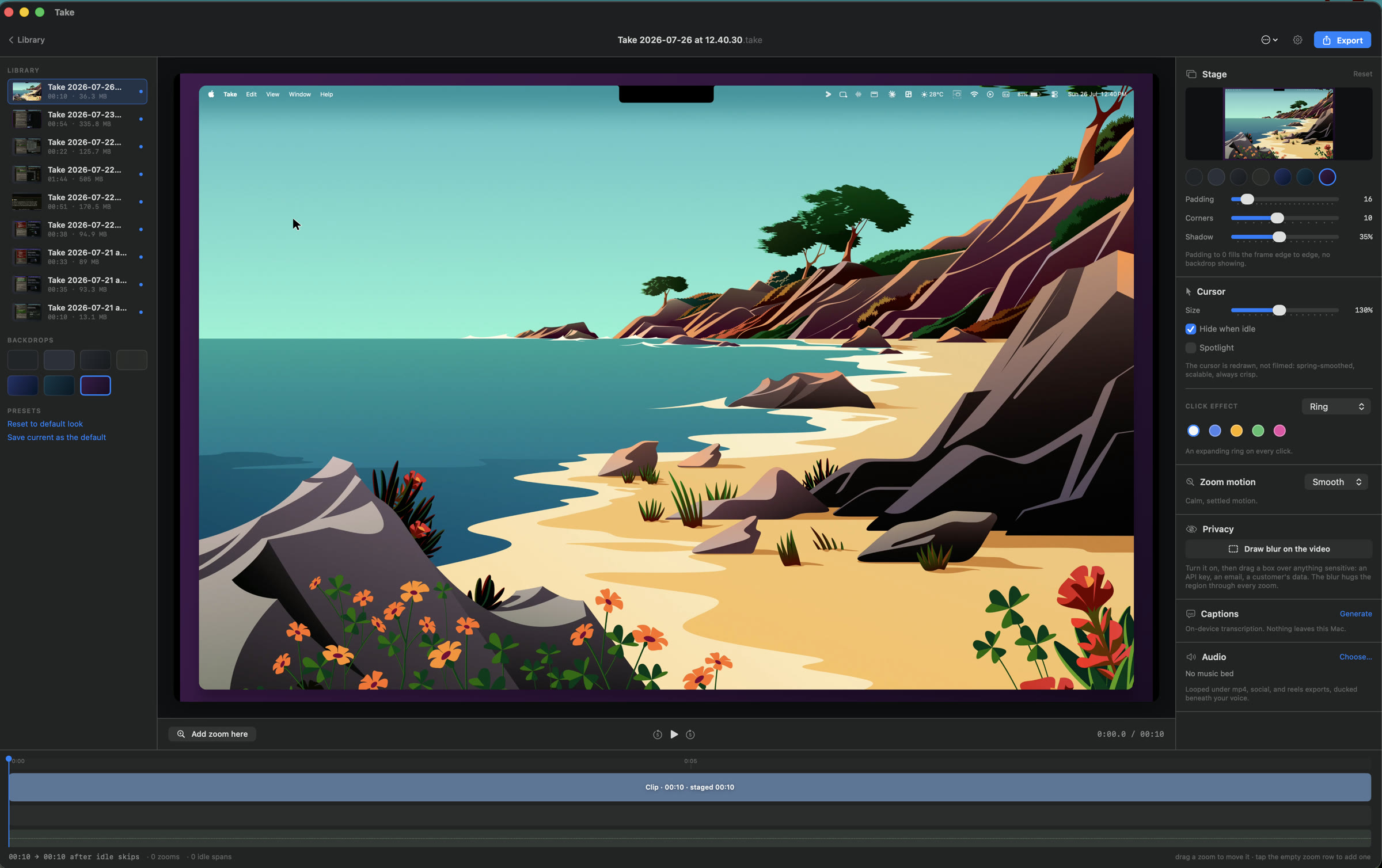 Take's editor: a recording open on the canvas inside its backdrop, a library of real takes down the left, and the stage, cursor, privacy, captions and audio inspectors down the right