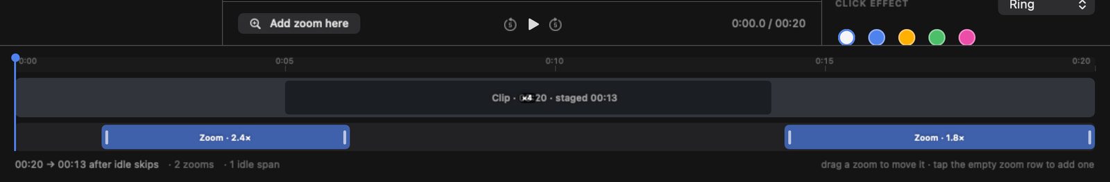 Take's timeline showing a clip with a 4x idle skip and two zoom blocks