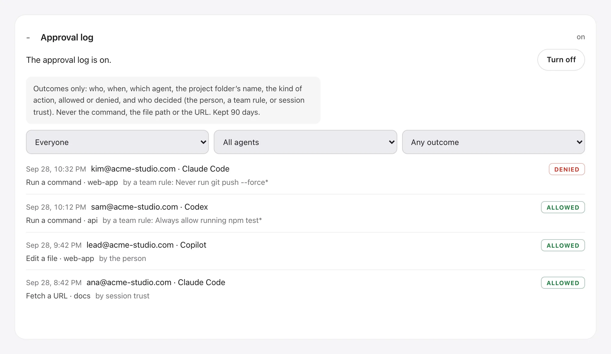 The approval log on the Crest account page for an example team: four rows, each with the time, the person, the agent, the kind of action and the project folder, one denied by the team rule Never run git push --force*, the others allowed by a rule, by the person or by session trust.