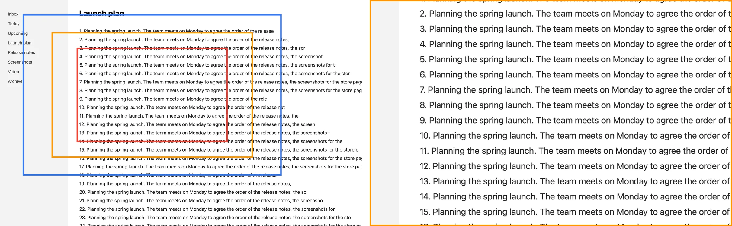 Left: a frame of a sample text window with three nested rectangles, blue, orange and red, showing how much of the frame a 1.4x, 1.8x and 2.4x zoom keeps. Right: the orange area enlarged to fill the frame, the text now large